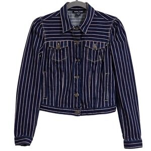 Nautica Jeans Striped Denim Puff Shoulder Jacket Womens XS Denim Navy Blue